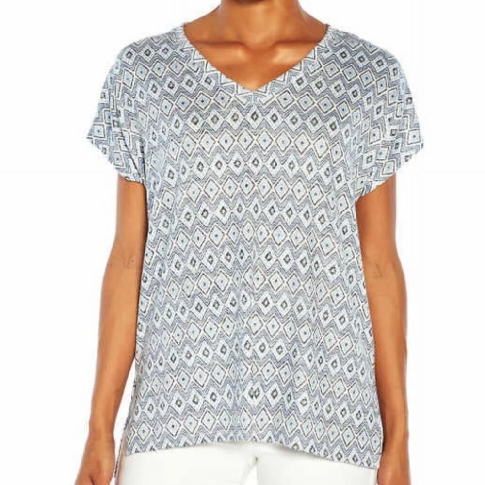 Orvis Top Womens Size Medium Navy Blue White Ikat Diamond Cap Sleeve